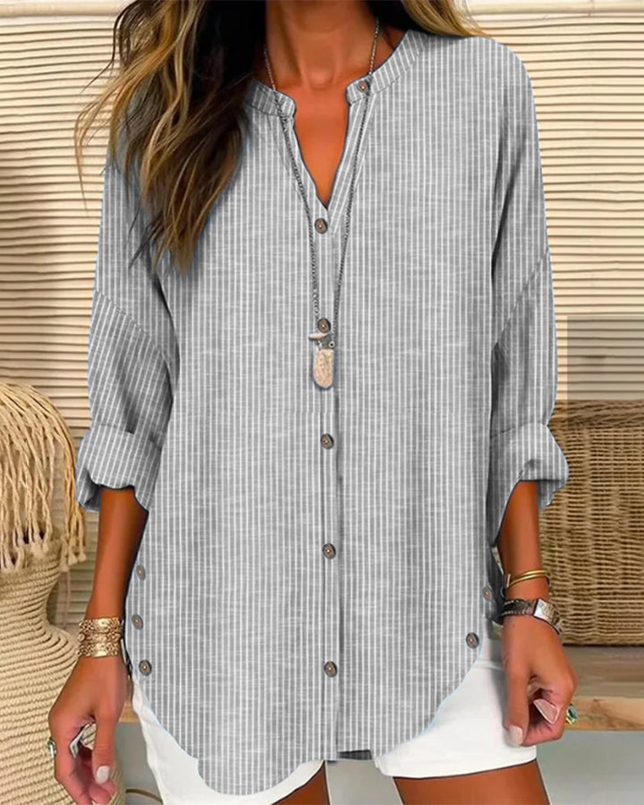 Women’s Blouse – Relaxed Fit – Striped Pattern – V-Neck – Button Front – Breathable Blend