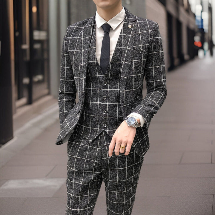 Men’s 3-Piece Suit – Slim Fit – Grid Pattern – Tailored Wool Blend – Formal Wear