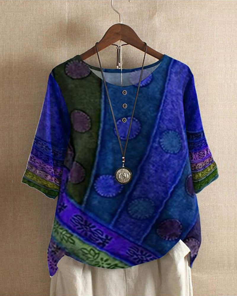 Women’s Boho Top – Relaxed Fit – Natural Fibers – 3/4 Sleeve – Button Front Casual Wear