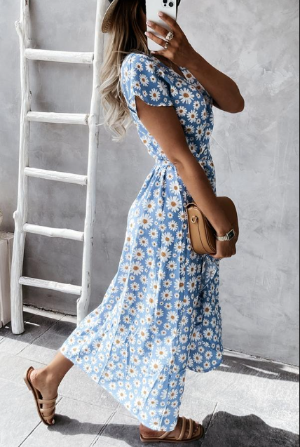 Women’s Midi Dress – A-Line Silhouette – Relaxed Fit – Short Sleeve – Breathable Blend