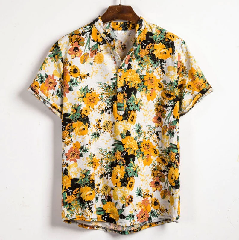 Men’s Short Sleeve Shirt - Relaxed Fit - Breathable Blend - Mandarin Collar - Floral Print