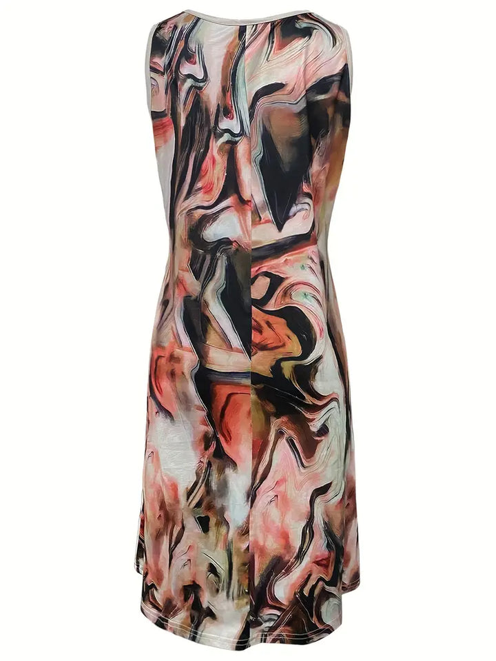 Women's Sleeveless Dress - V-Neckline - Abstract Pattern - Asymmetric Hem - Flowy Fit