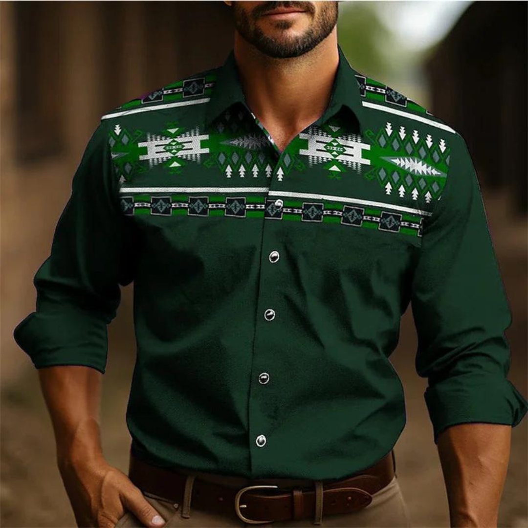 Men’s Button-Down Shirt – Tailored Fit – Long Sleeve – Retro Geometric Design – Breathable Fabric