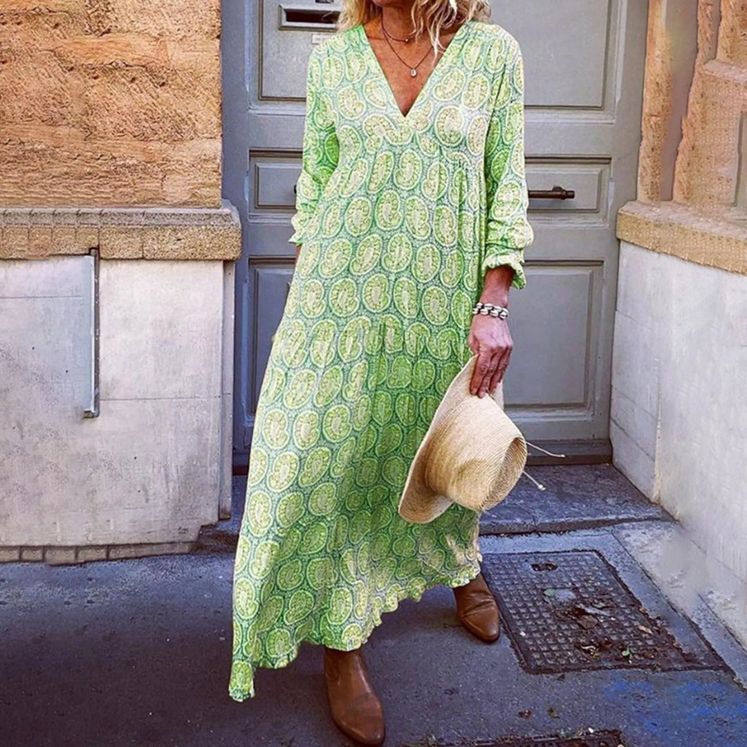 Women’s Maxi Dress - Relaxed Fit - V-Neck Long Sleeve - Soft Breathable Fabric - Geometric Print