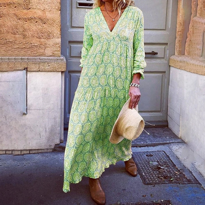 Women’s Maxi Dress - Relaxed Fit - V-Neck Long Sleeve - Soft Breathable Fabric - Geometric Print