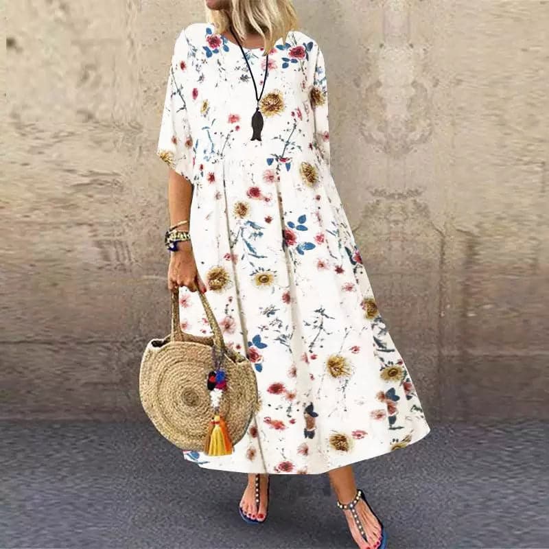 Women's Maxi Dress – Relaxed Fit – Breathable Blend – Short Sleeve – Floral Pattern