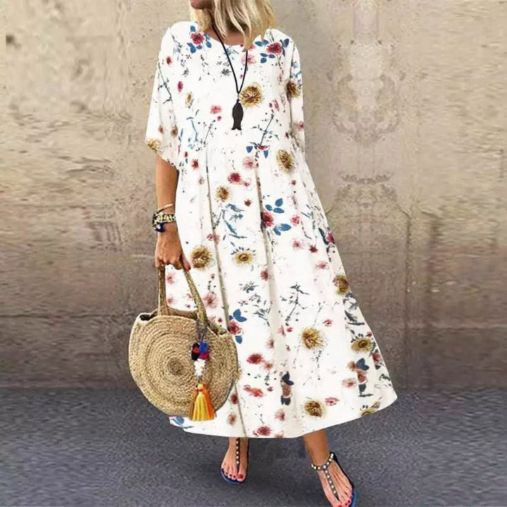 Women's Maxi Dress – Relaxed Fit – Breathable Blend – Short Sleeve – Floral Pattern