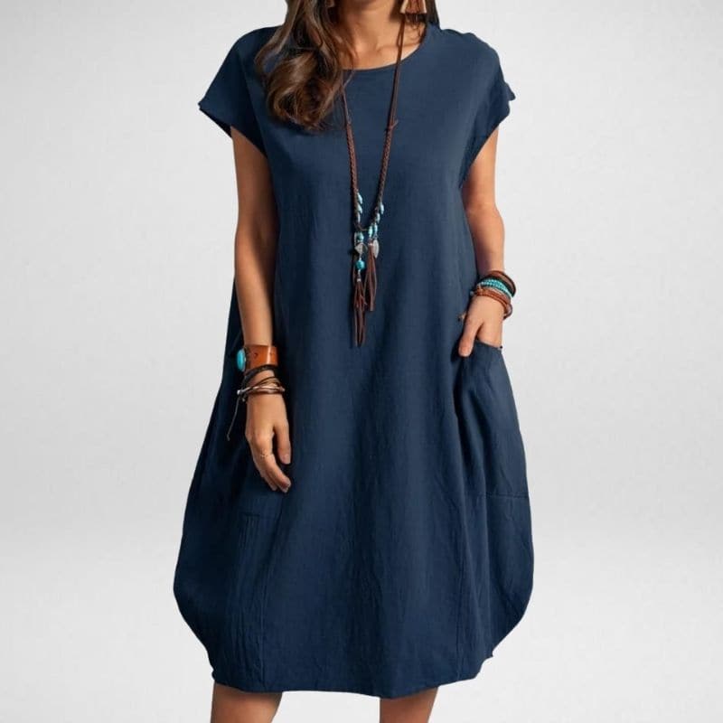 Women’s Long Dress – Breathable Blend – Relaxed Fit – Short Sleeve with Pockets