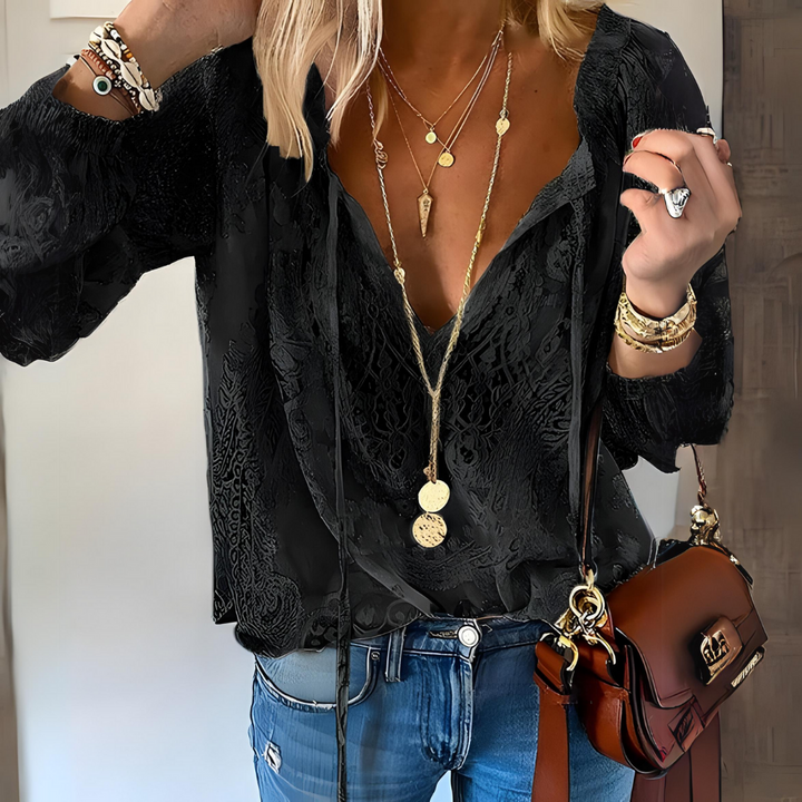Women’s Blouse – Relaxed Fit – Crocheted Lace – Long Sleeve – Drawstring Neckline