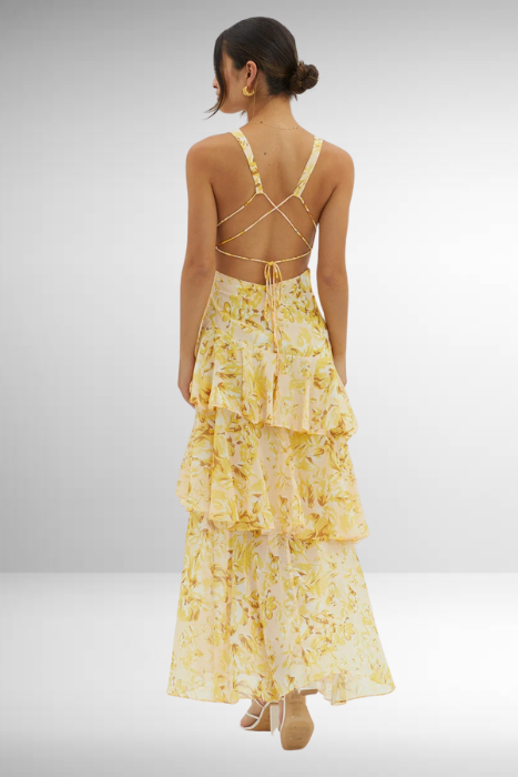 Women’s Maxi Dress – Slim Fit Bodice – Tiered Skirt – Deep V-Neck – Luxury Fabric