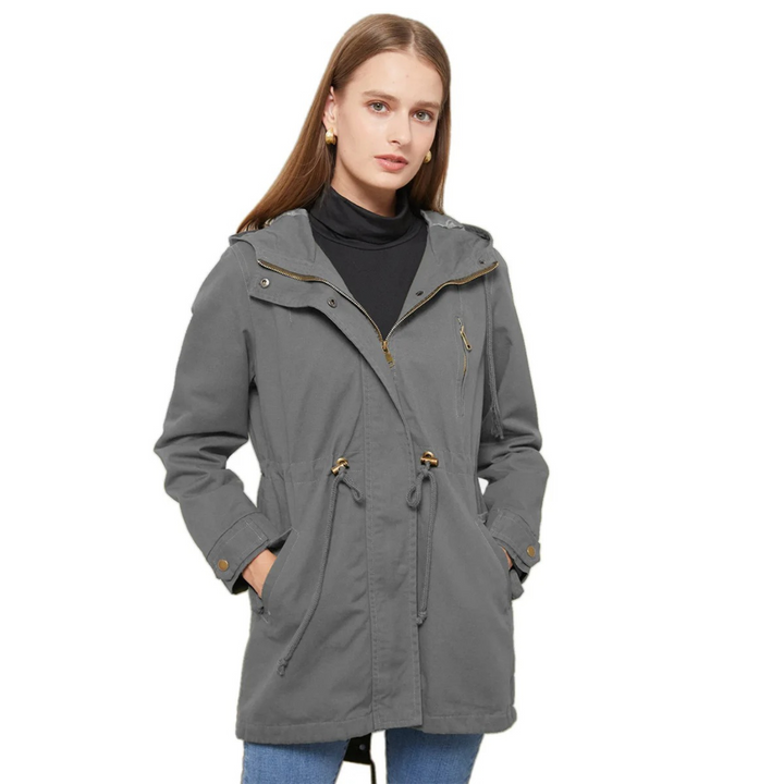 Women's Utility Jacket - Hooded - Adjustable Waist - Zipper Closure - Snap-Button Cuffs