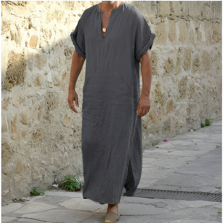 Men’s Long Shirt Dress – Relaxed Fit – Breathable Blend – V-Neck – Short Sleeve – Slit Hem