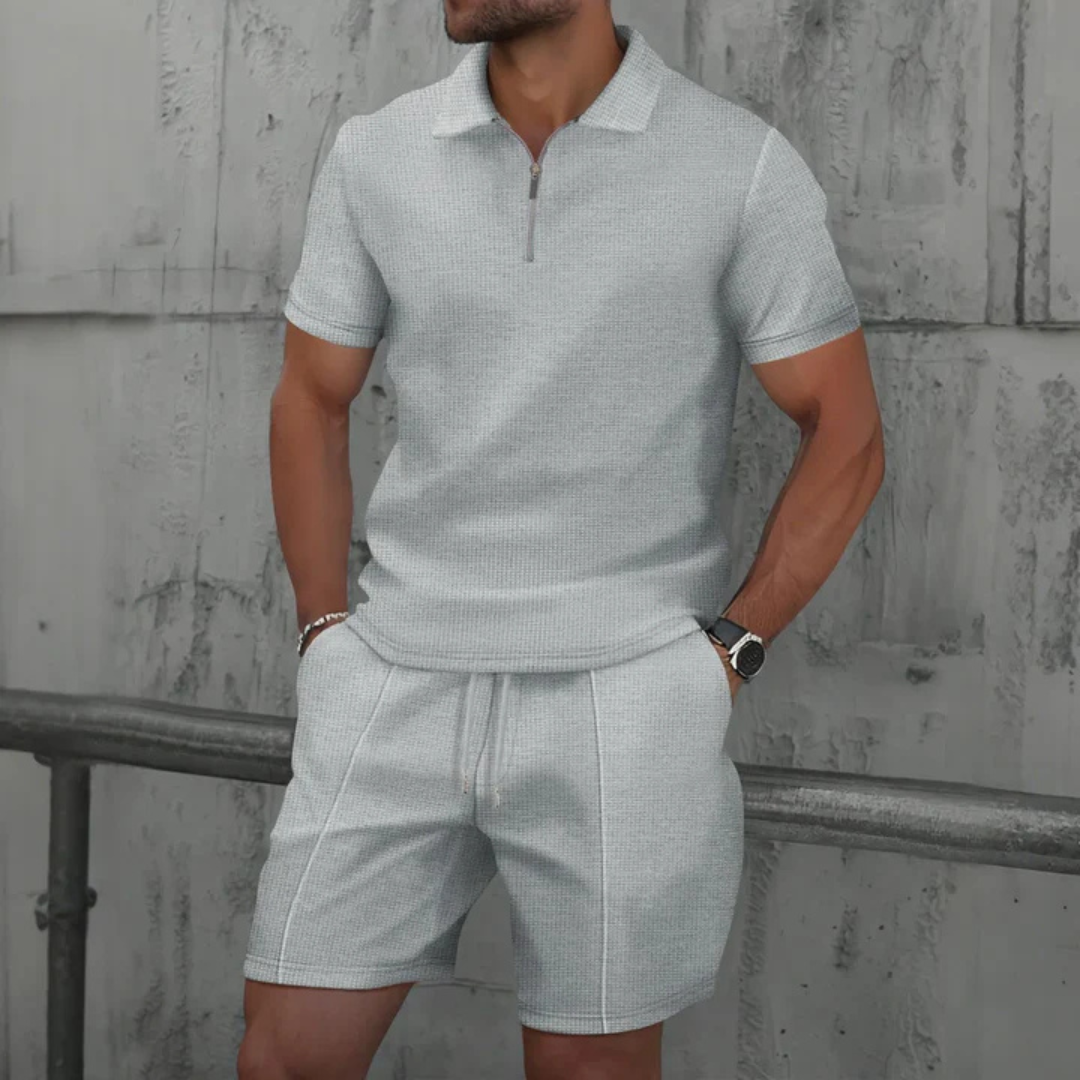 Men’s Co-ord Set – Slim Fit – Soft Knit – Zip Neck Polo – Mid-Thigh Shorts – Casual Wear