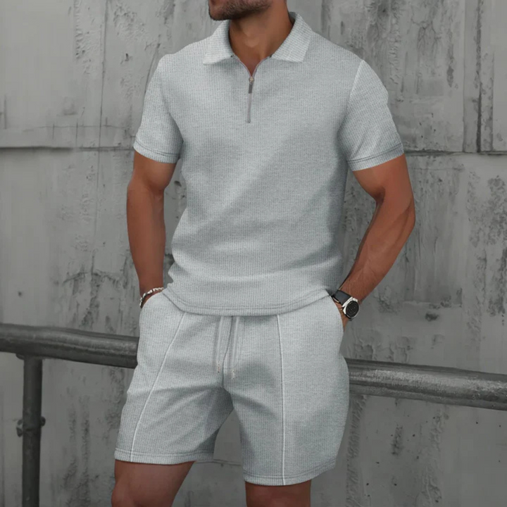 Men’s Co-ord Set – Slim Fit – Soft Knit – Zip Neck Polo – Mid-Thigh Shorts – Casual Wear