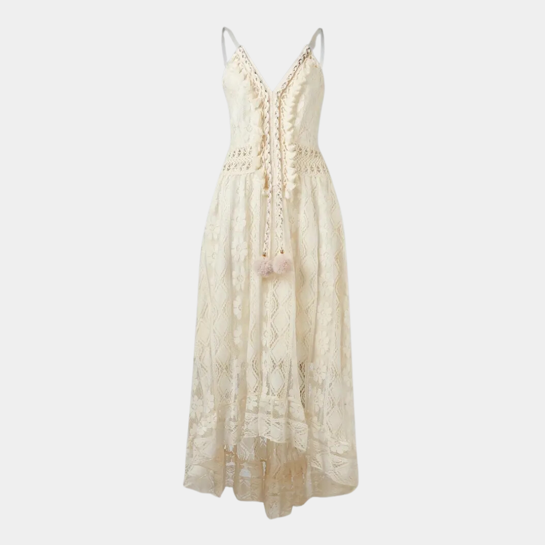 Women’s Midi Dress - Relaxed Fit - Lace Detailing - Spaghetti Straps - Boho Style