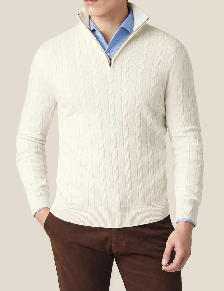 Men’s Sweater – Wool Blend – Cable Knit – Half Zip – Stand Collar – Smart Casual Fit