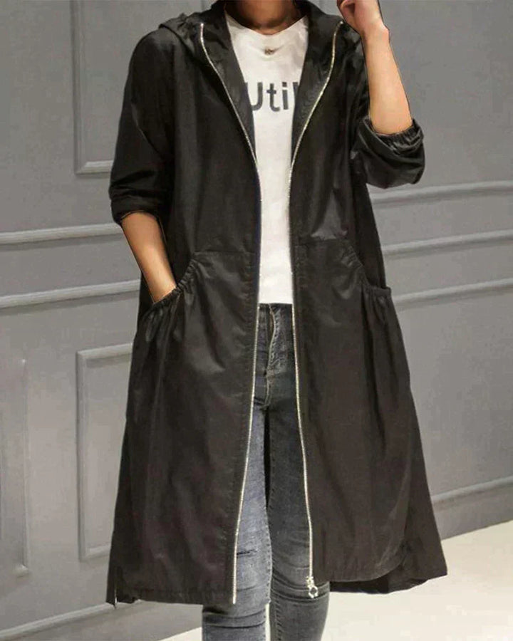 Women’s Hooded Jacket – Relaxed Fit – Knee Length – Zip Front – Casual Wear