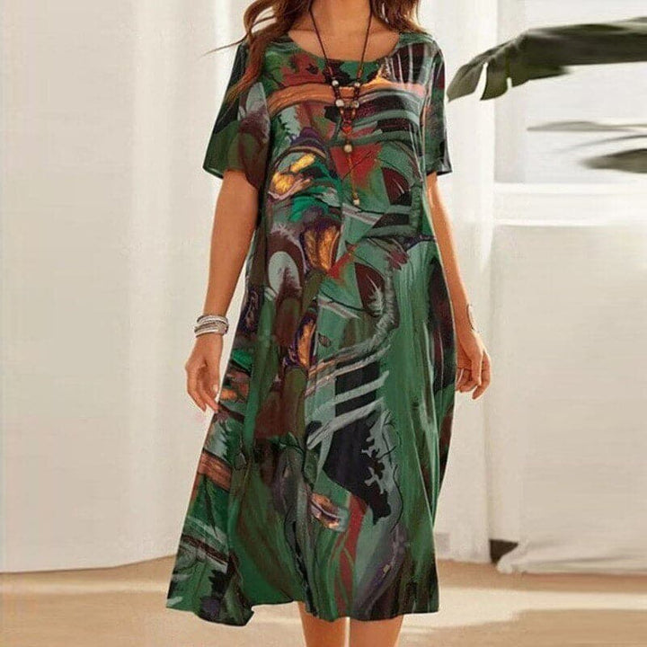 Women’s Midi Dress – Relaxed Fit – Short Sleeve – Breathable Blend – Abstract Print