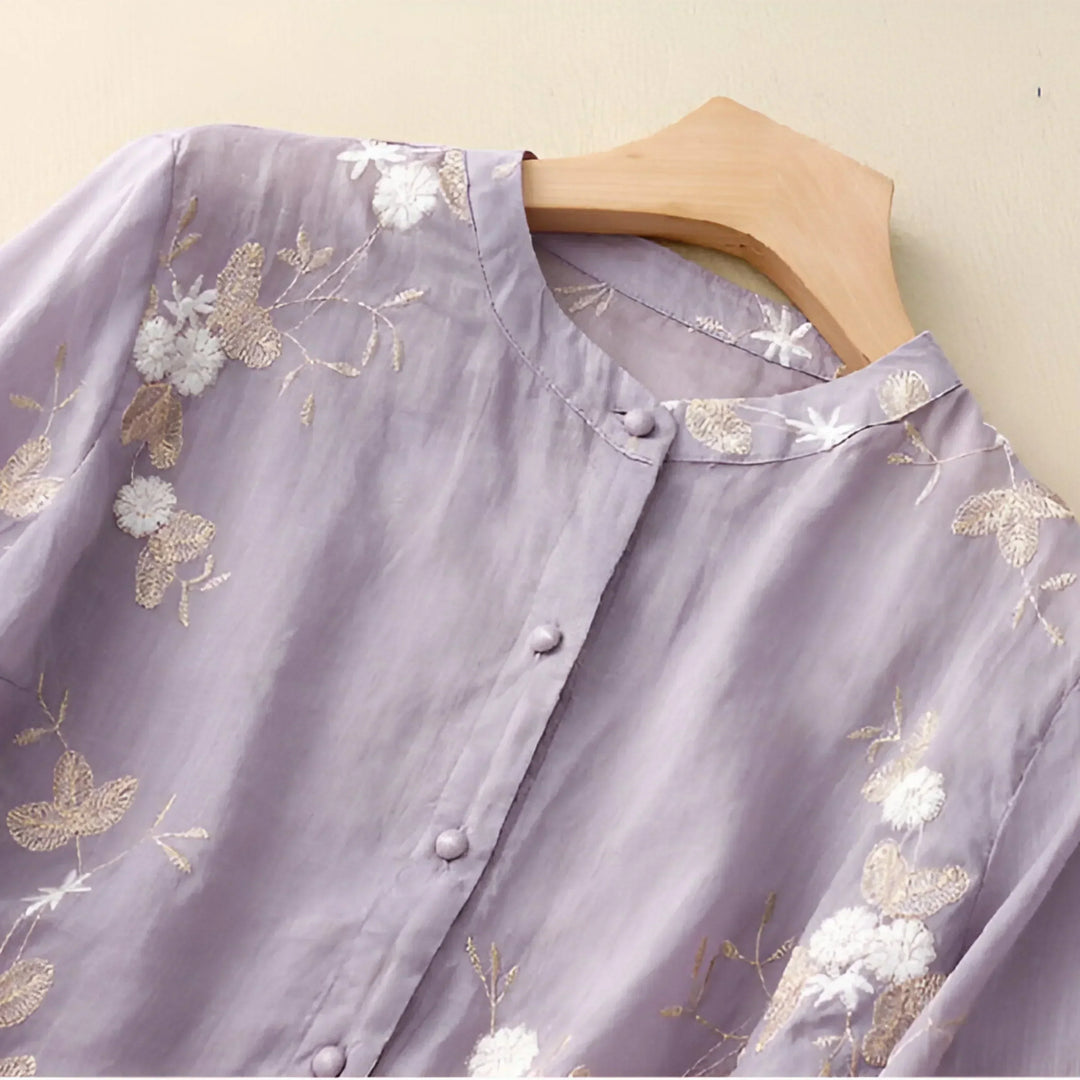 Women’s Blouse – Relaxed Fit – Embroidered Detail – Button-Down – 3/4 Sleeve – Layered Hem