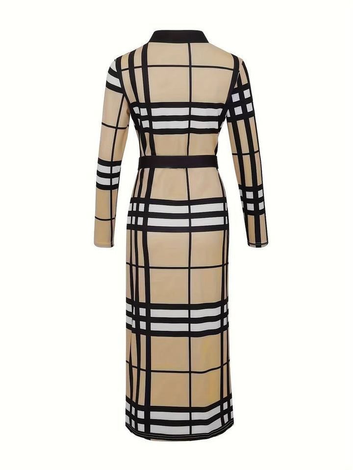 Women's Bodycon Dress - Plaid Pattern - Deep V-Neck - Long Sleeve - Belted Waist