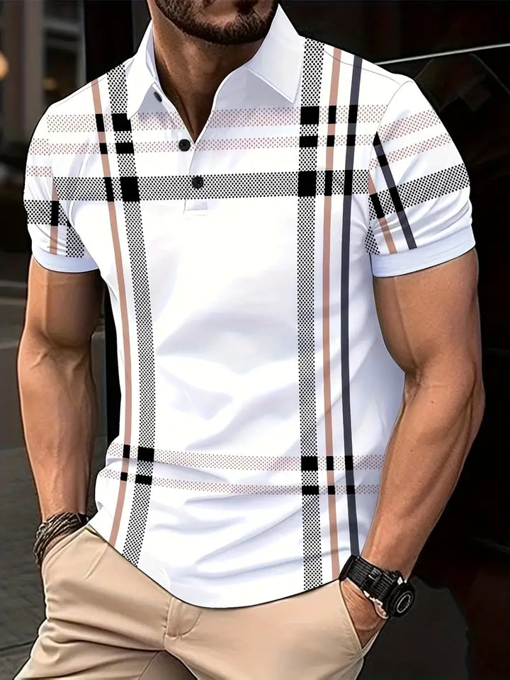 Men's Polo Shirt - Plaid Pattern - Slim Fit - Short Sleeve Button-Down Collar
