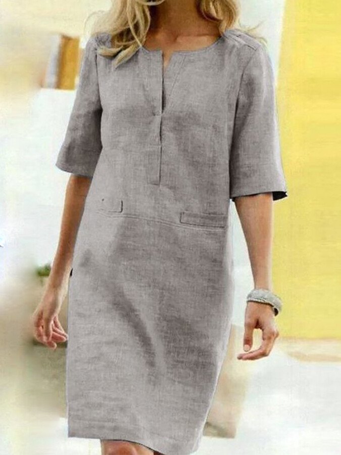 Women's Shift Dress - Linen Blend - Short Sleeve - Relaxed Fit - Knee Length - Pockets
