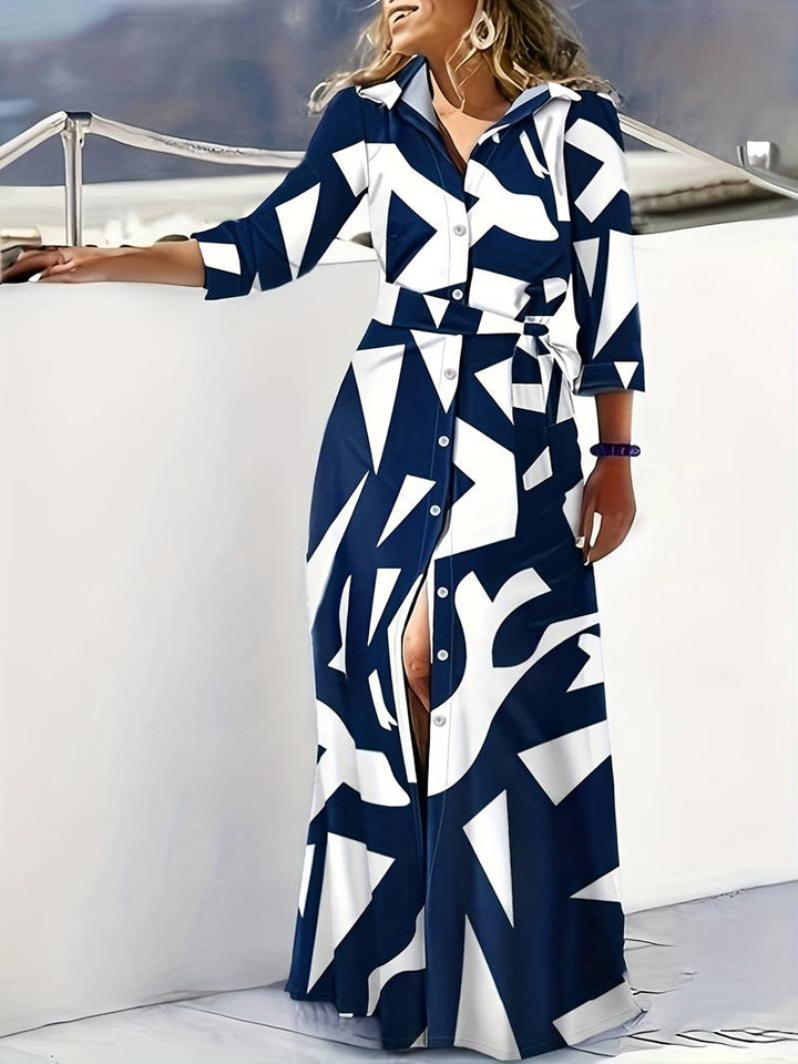 Women's Maxi Dress - Button Down - 3/4 Sleeve - Waist Tie - Front Slit - Striped