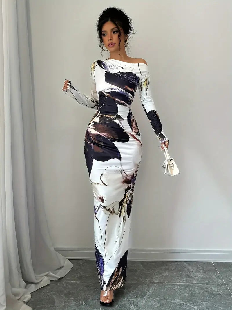 Women's Maxi Dress - Off-Shoulder - Long Sleeve - Abstract Pattern - Bodycon Fit