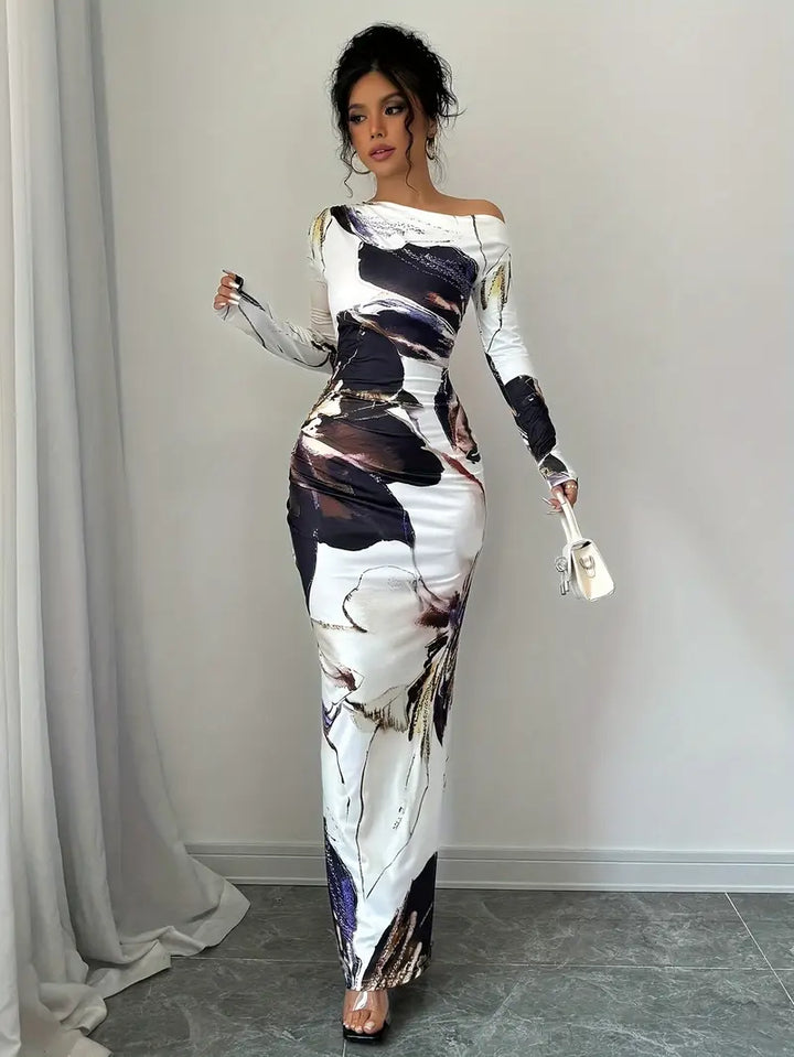 Women's Maxi Dress - Off-Shoulder - Long Sleeve - Abstract Pattern - Bodycon Fit