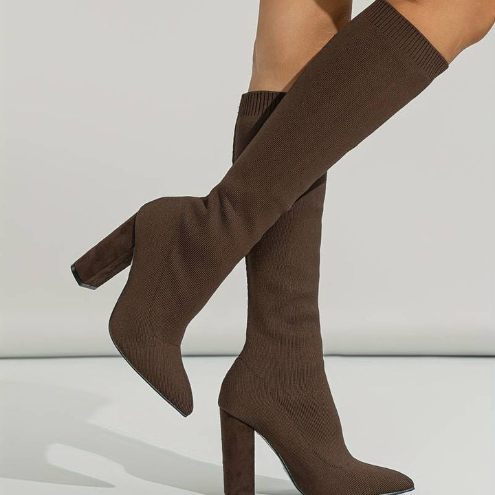 Women’s Knee-High Sock Boots – Slim Fit – Stretch Knit – Pointed Toe – Block Heel