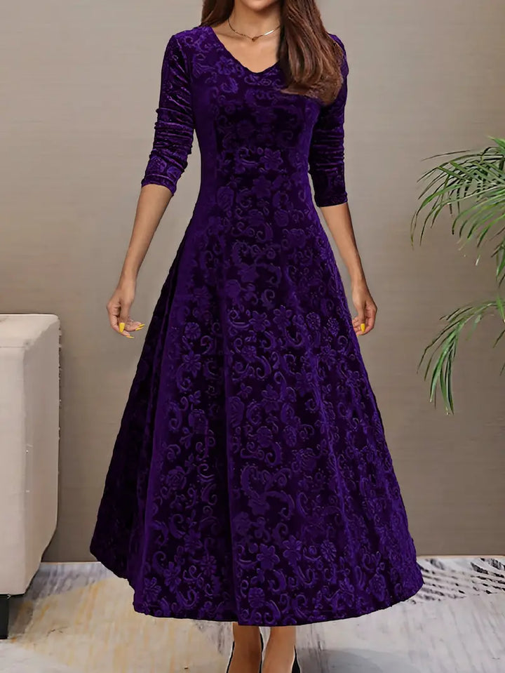 Women’s A-Line Dress – Velvet – Floral Texture – Long Sleeve – Floor Length Fit