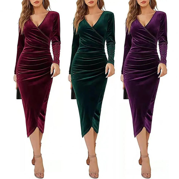 Women's Midi Dress - Velvet - V-Neck - Long Sleeve - Fitted Ruched Waist Elegant Style
