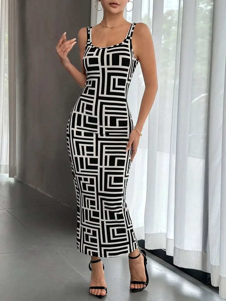 Women's Bodycon Dress - Geometric Pattern - Midi Length - Square Neck - Elegant Fit