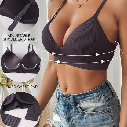Women’s Push-Up Bra – Slim Fit – Ribbed Texture – Plunge Neckline – Breathable Blend