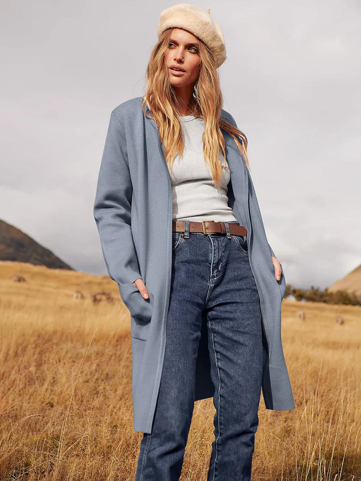 Women’s Knee-Length Coat - Wool Blend - Relaxed Fit - Wide Lapel Minimalist Design