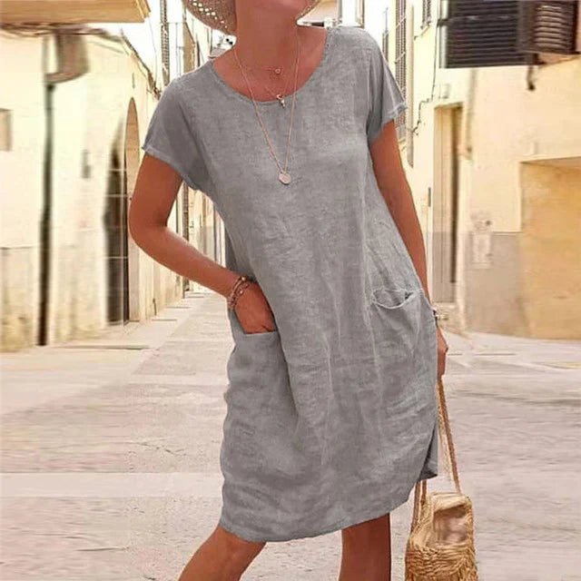 Women’s Midi Dress – Natural Fibers – Relaxed Fit – Knee Length – Short Sleeve – With Pockets