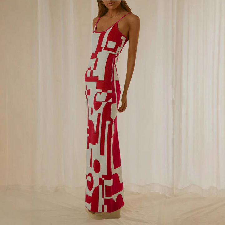 Women’s Maxi Dress - Bodycon Fit - Spaghetti Strap - Geometric Print - Stretch Fabric