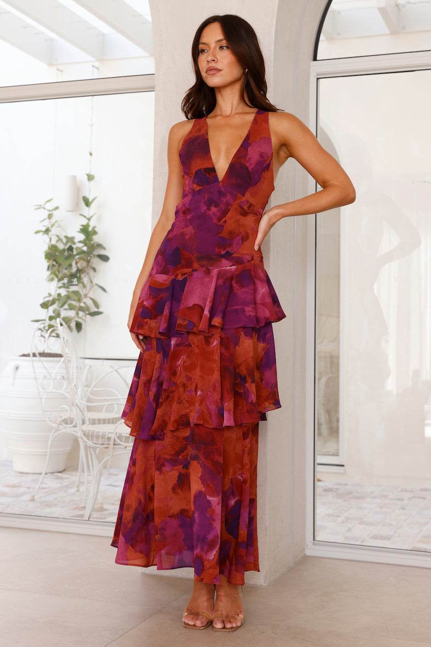 Women’s Maxi Dress – Slim Fit Bodice – Tiered Skirt – Deep V-Neck – Luxury Fabric