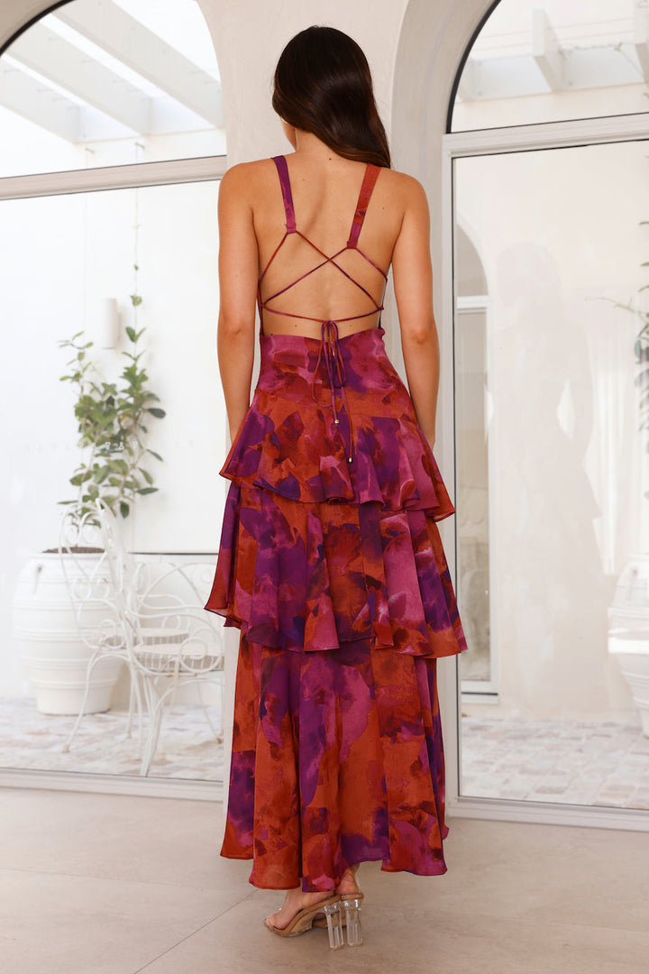 Women’s Maxi Dress – Slim Fit Bodice – Tiered Skirt – Deep V-Neck – Luxury Fabric