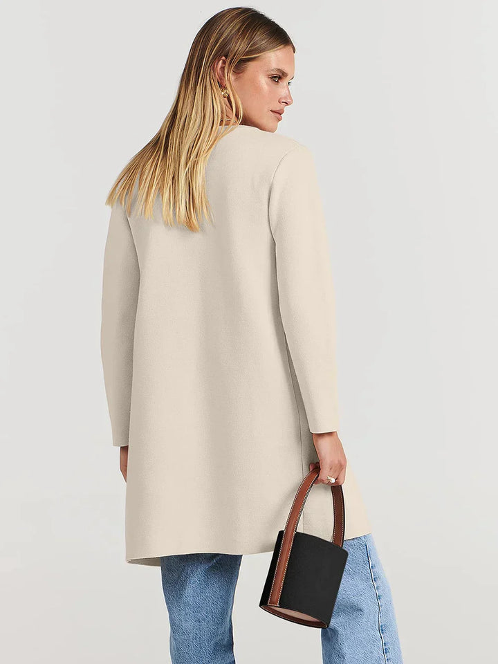 Women’s Knee-Length Coat - Wool Blend - Relaxed Fit - Wide Lapel Minimalist Design