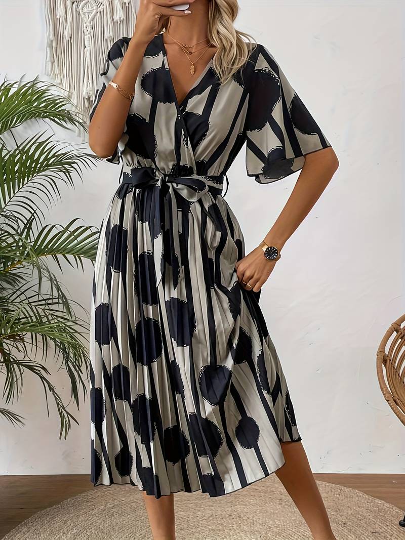 Women's Midi Dress - Polka Dot Print - V-Neck Wrap Style - Belted Waist - Pleated Skirt