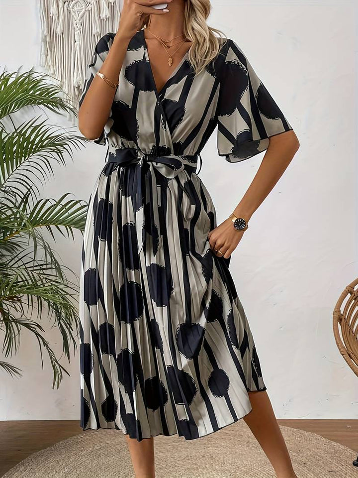 Women's Midi Dress - Polka Dot Print - V-Neck Wrap Style - Belted Waist - Pleated Skirt