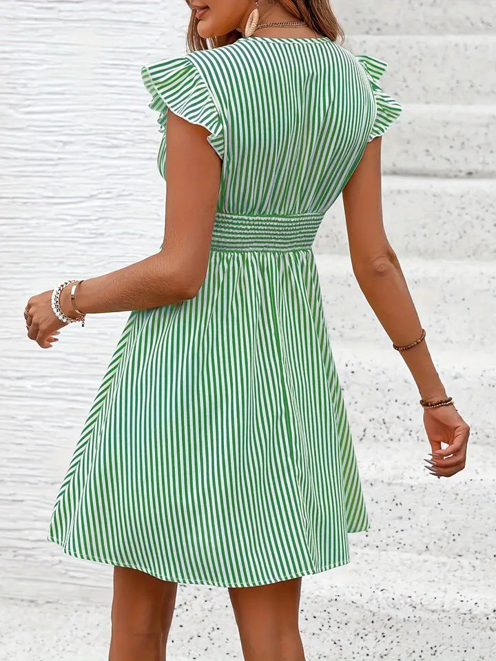 Women's A-Line Dress - Striped Pattern - V-Neck - Ruffled Cap Sleeves - Fitted Waist
