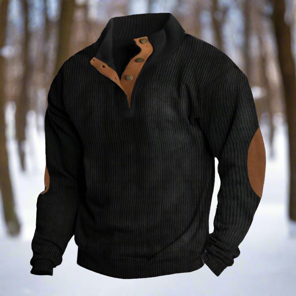 Men’s Knitted Sweater – Ribbed Texture – Relaxed Fit – High Button Collar – Elbow Patches