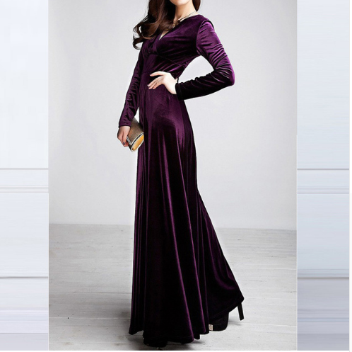 Women’s Evening Dress – Velvet – A-Line Fit – Deep V-Neck – Long Sleeve Elegant Gown