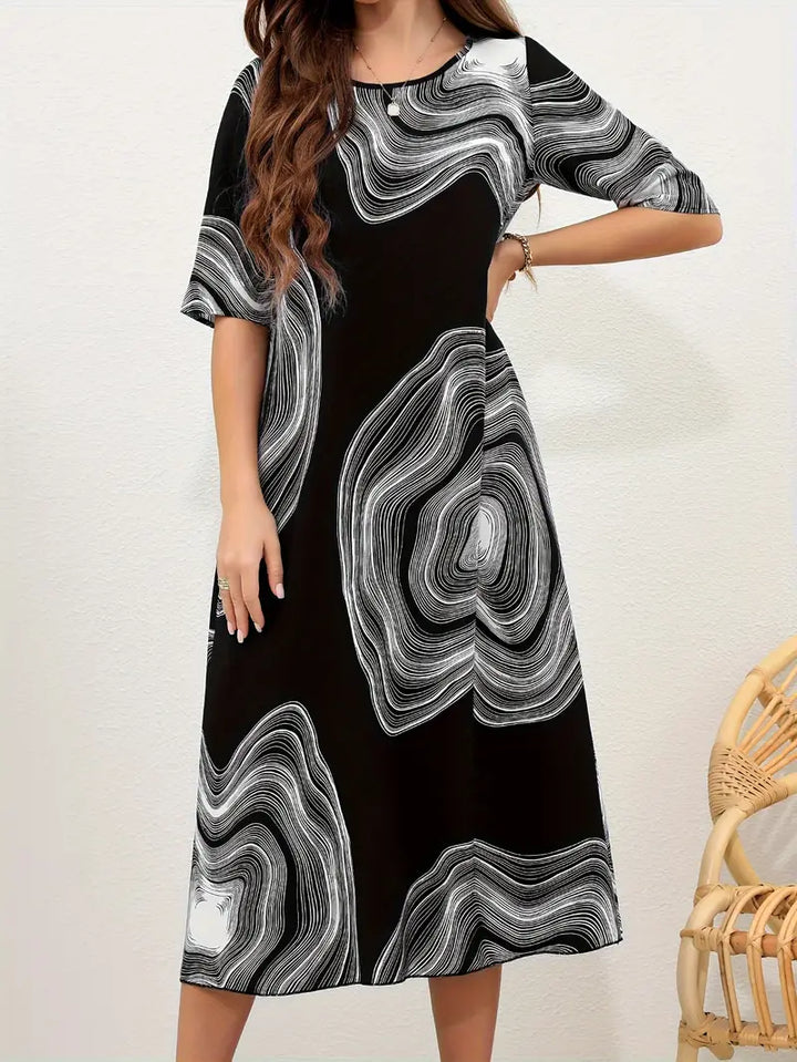 Women's Midi Dress - Abstract Pattern - A-Line Relaxed Fit - Half Sleeve Round Neck
