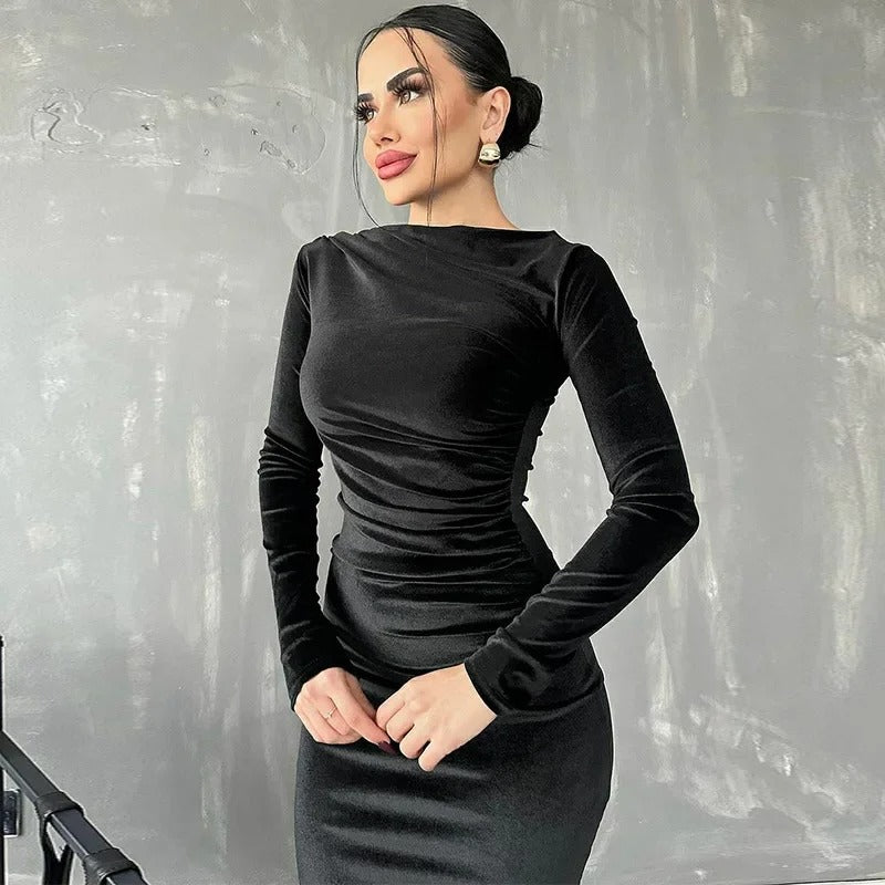 Women's Midi Dress - Fitted Bodycon - Long Sleeve High Neck - Ruched Waist Elegant Style