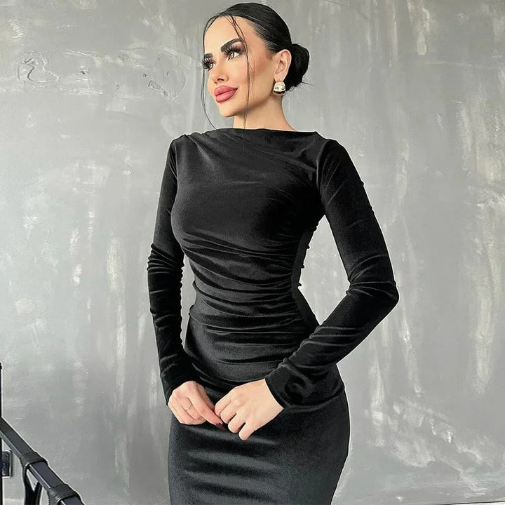 Women's Midi Dress - Fitted Bodycon - Long Sleeve High Neck - Ruched Waist Elegant Style