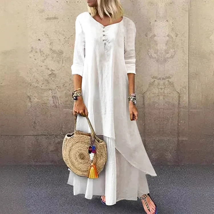 Women’s Midi Dress – Natural Fibers – Relaxed Fit – 3/4 Sleeve – Layered Design