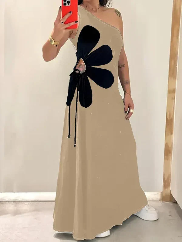 Women's Maxi Dress - One-Shoulder - Floral Applique - Flowing Relaxed Fit